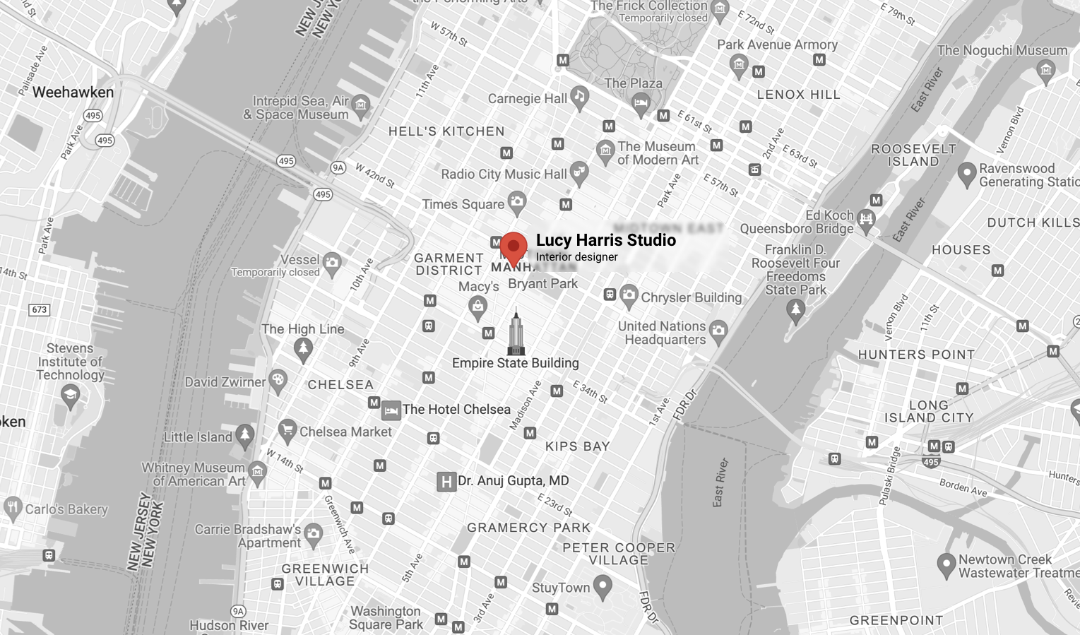 Map showing Lucy Harris Studio near Bryant Park